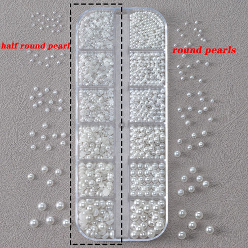 Elegant Round White Pearl Nail Beads and Charms Set for Stunning Nail Art Decoration - 12 Grids of Caviar Beads and Half Round Gems for Fall Season Nails and DIY Nail Designs